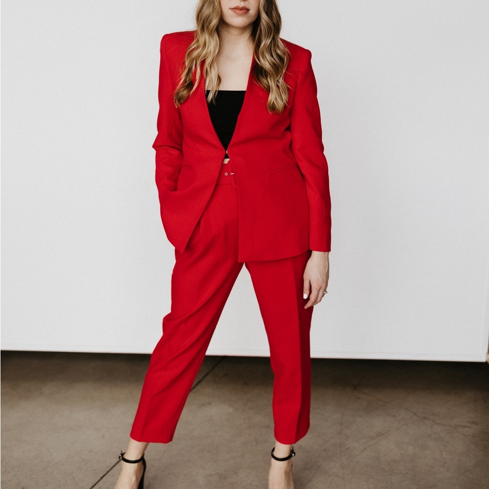 Zara Lapelless fitted blazer and pants with fabric-covered belt.